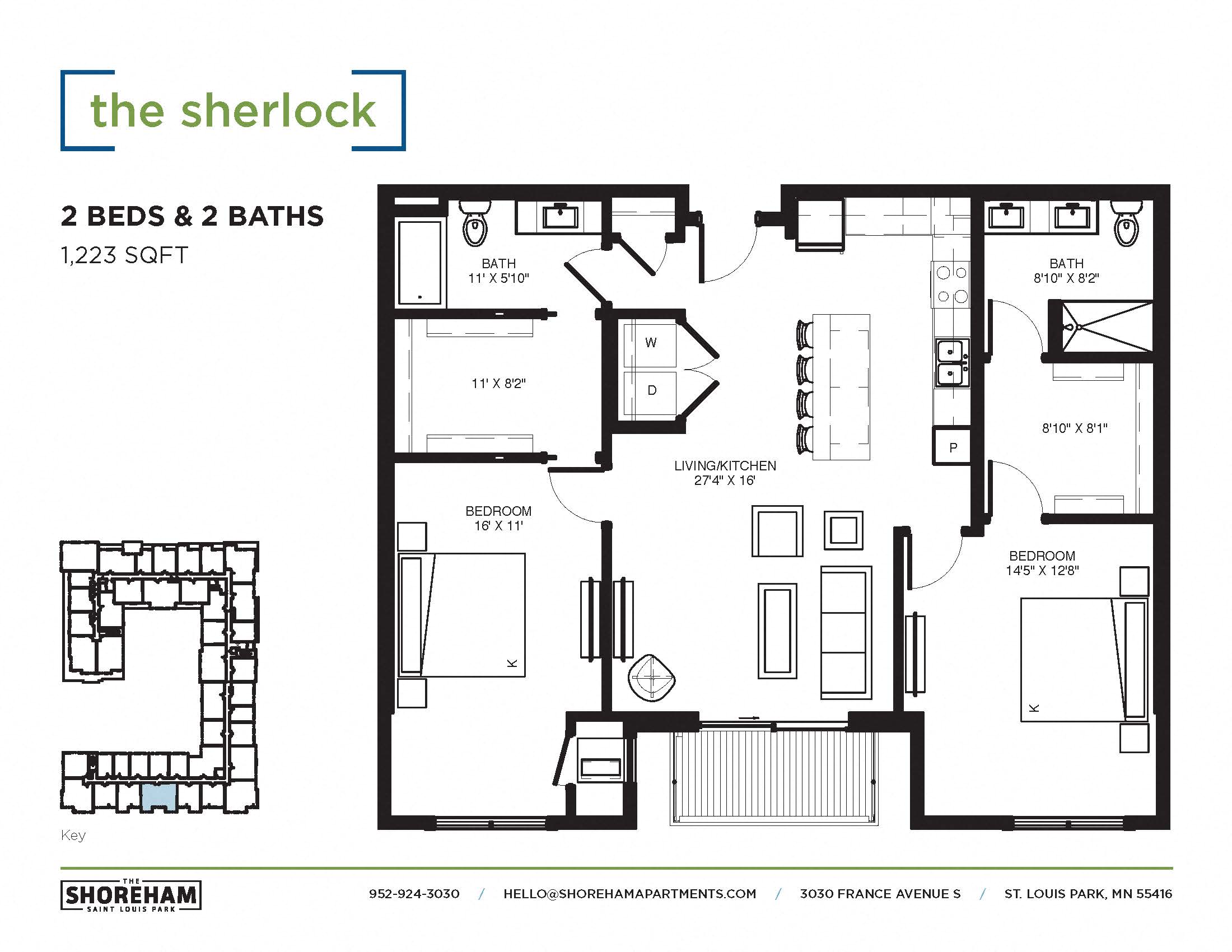 Floor plan for 2 beds, 2 baths, 1224 sqft